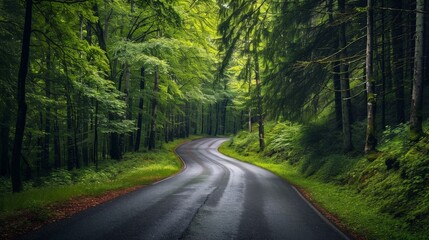Fototapeta premium A winding road through a lush, green forest. The road is wet from recent rain, and the trees are tall and dense.