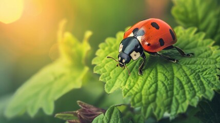 Fototapeta premium Close-up of a ladybug on a green leaf with sunlit background, nature and wildlife concept