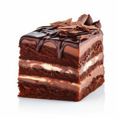 A Delicious Slice of Triple Layer Chocolate Cake with Rich Chocolate Ganache Topping and White Chocolate Decorations on Top