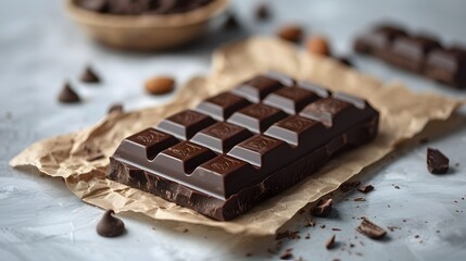 22. A minimalist image with a white background featuring a plain chocolate bar wrapper, positioned in the center