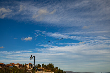Aerial panorama view of a colorful autumn sunset in a city area in Nessebar, Bulgaria.