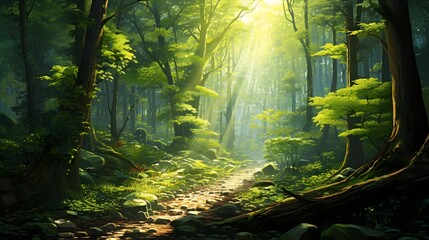 A lush green forest with the sun shining through UHD Wallpaper