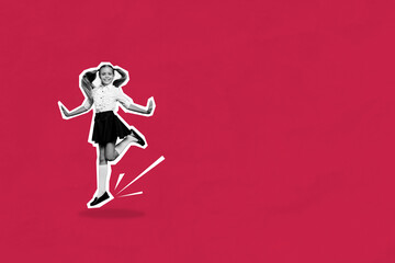 Composite photo collage of happy blonde girl jump school education fun knowledge primary pupil isolated on painted background