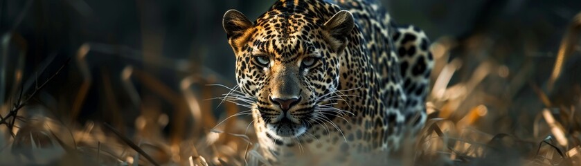 Naklejka premium Close-up of a jaguar's face with a blurred background.