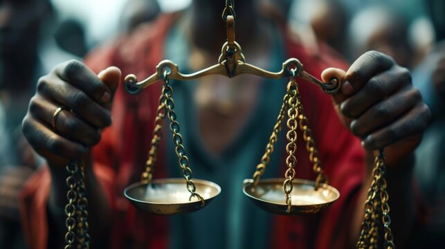 Closeup of hands holding scales of justice, symbolizing balance and fairness.