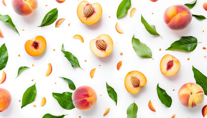 ripe peaches with leaves isolated on white background with copy space for your text. Top view
