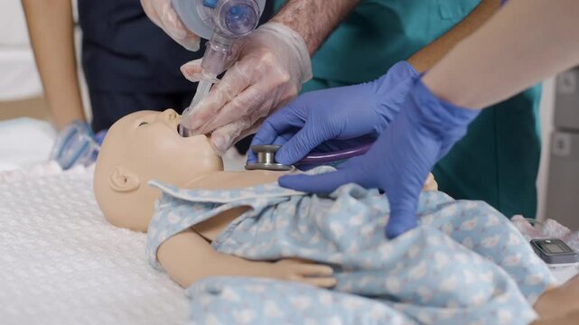 CPR. Professionals using a baby simulator to practice proper procedures, including bag-valve mask ventilation and stethoscope use