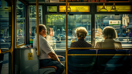 Naklejka premium Rise and Shine: Workers on Their Way in a Summer Morning Tram