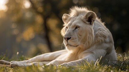 Majestic white lion basking in the golden sunlight, resting majestically in a grassy field.