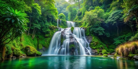 A serene waterfall cascading through lush green forest scenery, waterfall, forest, nature, tranquil, scenery, landscape, majestic