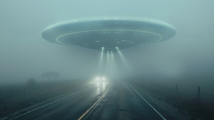 Naklejka premium UFO saucer in misty mountains and forest with lights and mysterious atmosphere