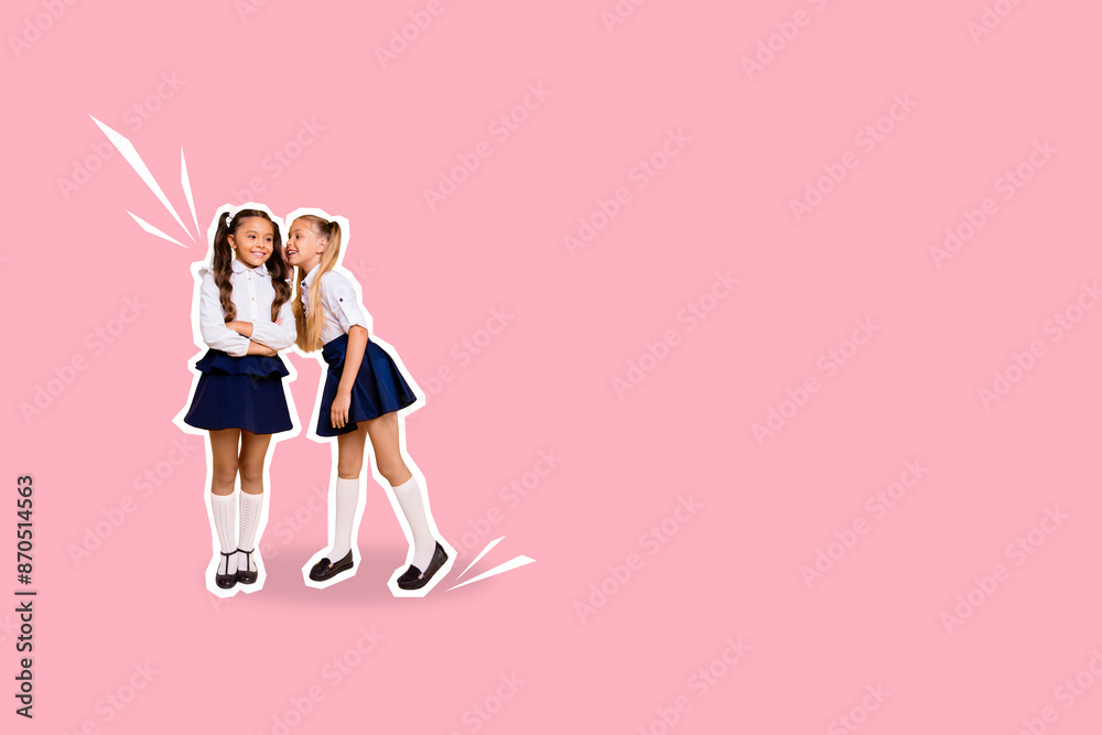 Sticker Composite photo collage of happy blonde brunette schoolgirls talk whisper wear uniform classmates student isolated on painted background