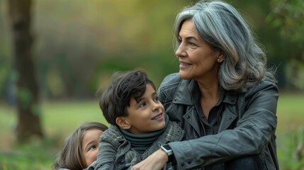 Fototapeta premium Joyful Grandmother Embracing Grandchildren in Autumn Park