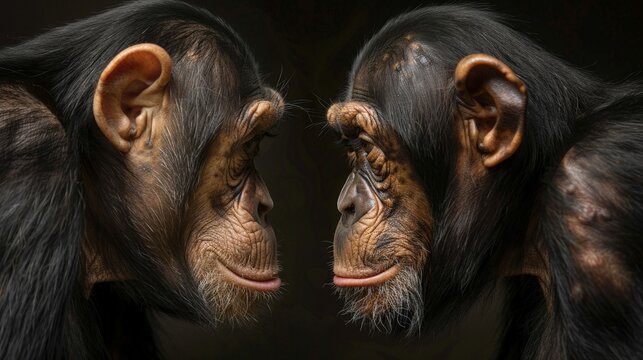 Two chimpanzees face each other, their expressions mirroring each other.  The dark background highlights their features.  A study in primate communication and connection.