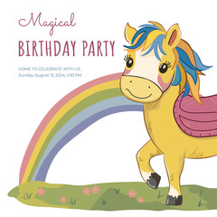 Birthday card. Cute pony standing in a flower meadow.  Rainbow, flowers. Vector illustration on white background. Happy cute pony. For invitation, greeting card
