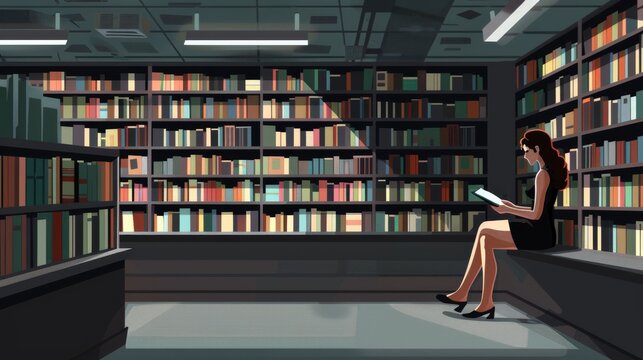 Serene Woman Reading Book in Modern Library Interior