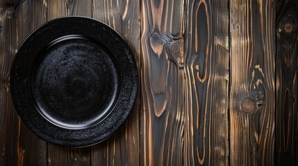 Rustic wooden table with empty black plate