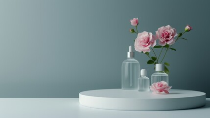 Fototapeta premium Elegant skincare products display with fresh roses on a modern minimalist shelf