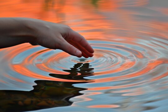 Tranquil water touch at sunset with reflections and ripples