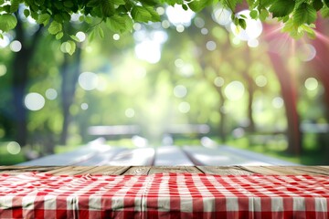Sunny park picnic with red checkered tablecloth and wooden table