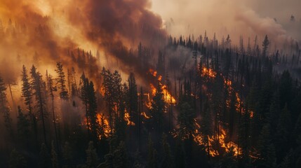 Forest fires rage through the wilderness, a destructive force that also renews and rejuvenates the ecosystem.