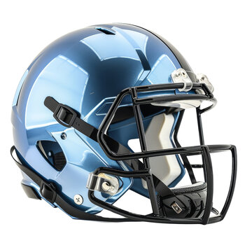 Shiny blue American football helmet with a black faceguard, isolated on transparent background, showcasing sports gear and safety equipment.