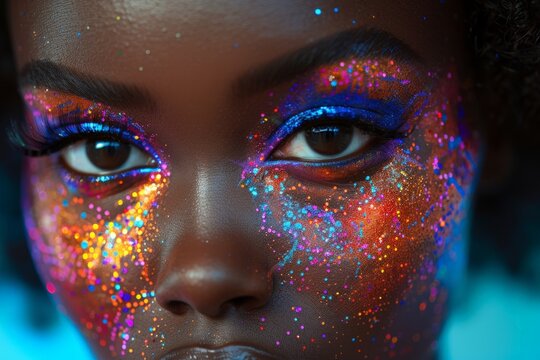 Close-up of a drag queens face with glitter makeup