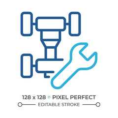 Car chassis repair two color line icon. Mechanical repair and automotive services. Transmission system bicolor outline symbol. Duotone linear pictogram. Isolated illustration. Editable stroke