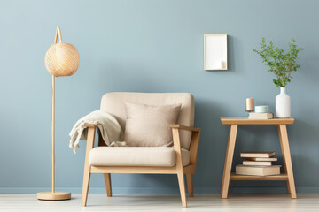A living room with a blue wall and a wooden chair and table. The chair has a white pillow and a lamp is on the floor