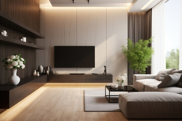 Fototapeta premium A modern living room with a large flat screen TV, a couch, and a potted plant. The room has a minimalist design and a clean, uncluttered look