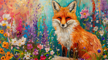 Fototapeta premium animal watercolor drawing on flowers background