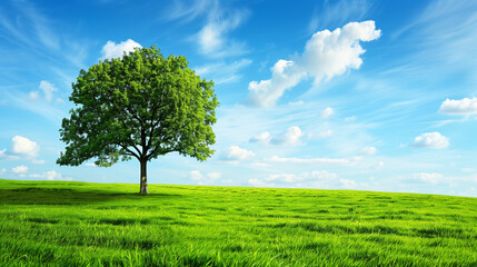 Fototapeta premium Solitary tree in a lush green field under a bright blue sky