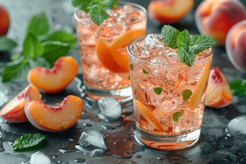 Iced peach cocktail with mint garnish
