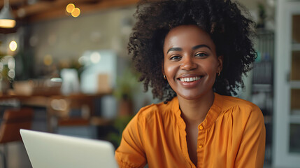 Fototapeta premium Smiling Woman Using Laptop in Cafe With Plants
