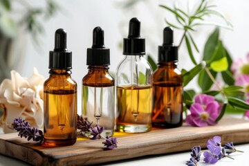 Bottles with essential oil with flowers around