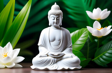 buddha in lotus photograph. The serene white Buddha statue is immersed in meditation, surrounded by lush tropical foliage and bright white lotus flowers. A banner with a buddha for the cover and desig
