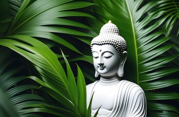 A serene white Buddha statue is immersed in meditation, surrounded by lush tropical foliage in close-up. A banner with a buddha for the cover and design about yoga and meditation.