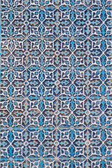 wall of the ancient Muslim mosque Hazrati Imam is decorated with ceramic tiles with traditional oriental Uzbek ornament and Islamic pattern in Uzbekistan