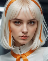 a close up of a person wearing a wig, by Andrei Kolkoutine, digital art, orange ribbons, white cyborg fashion shot, 8k octan advertising photo, portrait of nordic girl
