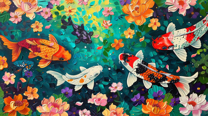 animal watercolor drawing on flowers background