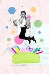 Vertical photo collage of happy cute schoolboy jump pencil case hold globe geography lesson preparation isolated on painted background