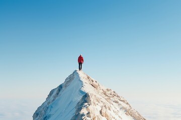 A man stands alone on a snow-capped mountain peak. He is wearing a red jacket and black pants. The sky is clear and blue. The sun is shining brightly. The man is looking out at the view.