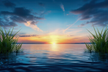 Serene Sunset Over a Calm Lake Summer Evening with Golden Hues and Tranquil Water Reflections