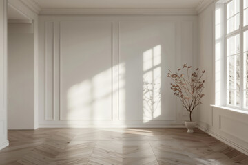 Fototapeta premium Empty room in scandinavian style, light filled interior with big windows and tree in a pot