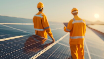 Two engineers in hard hats and safety vests inspect a large solar panel array. Blur image.