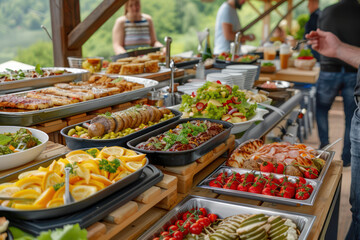 Obraz premium Summer Potluck Picnic Friends Gather for a Delicious Communal Meal with Variety of Dishes, Salads, and Desserts, Enjoying Food, Laughter, and Good Company in the Outdoors