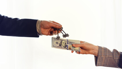 Businessman and woman shake hands as hello in office closeup. Friend welcome, introduction, greet...