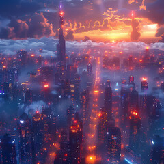 Obraz premium Futuristic cityscape with illuminated skyscrapers at sunset, blending vibrant urban lights and dramatic clouds in a stunning skyline view.