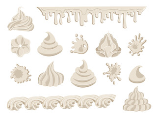 Vector set  meringues and creams isolated from background. Cream swirls. Food liquid cream  top of cakes. Set of whipped cream in various forms.Tasty food cliparts for recipes, stickers. 