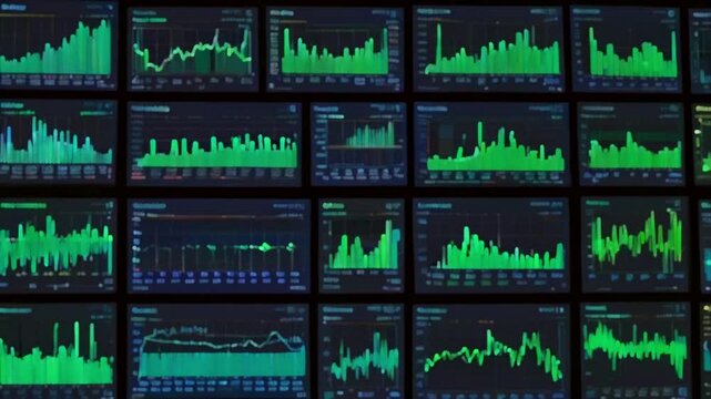 This is a grid of stock market graphs showing green numbers on a black background.